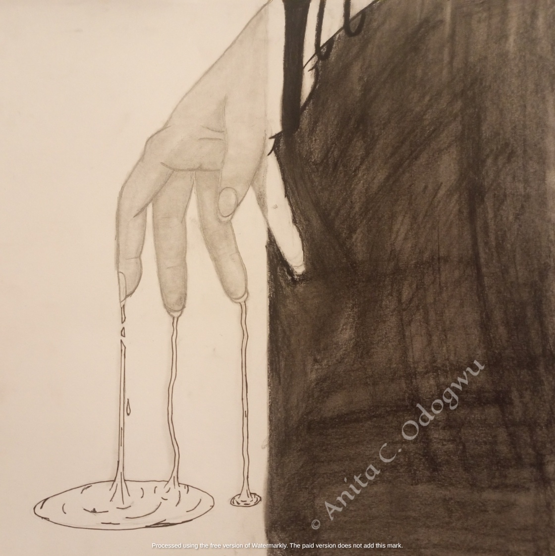 Surreal graphite drawing of a hand melting and dissolving into a quiet pool of fluid motion by Anita C. Odogwu